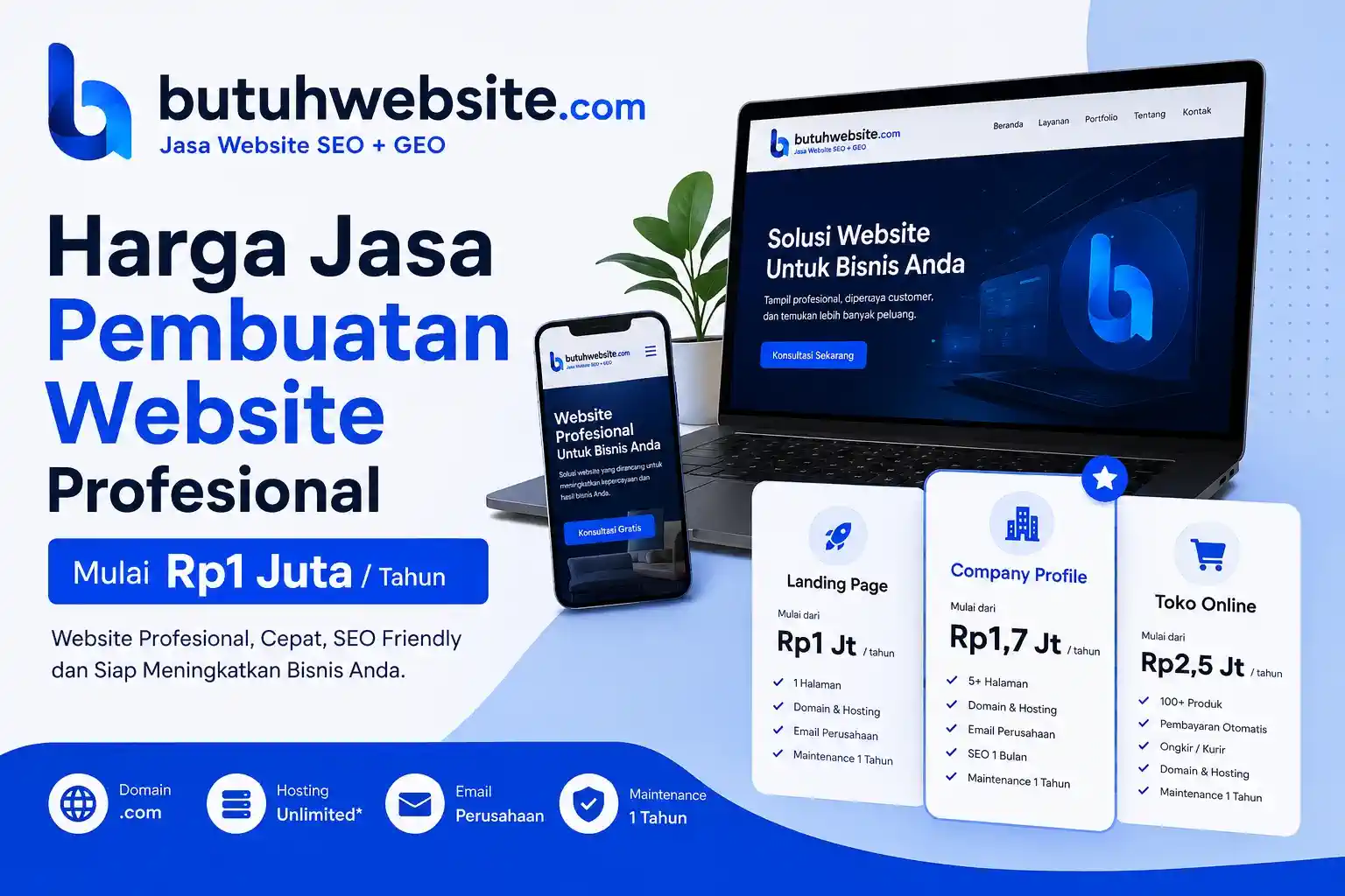 Harga jasa pembuatan website profesional butuhwebsite. Com mulai rp1 juta